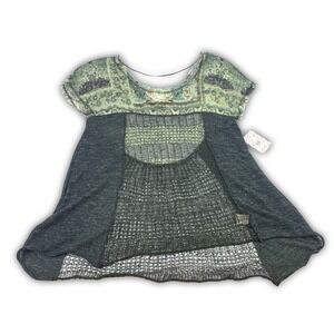 Free People Call Me Flower Mix Media Tunic Sz M Forest Green Low‎ Back Boho READ